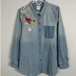 Anthropologie Maeve Denim Embroidered Sequin Shirt Blue Womens Size Large Boho L